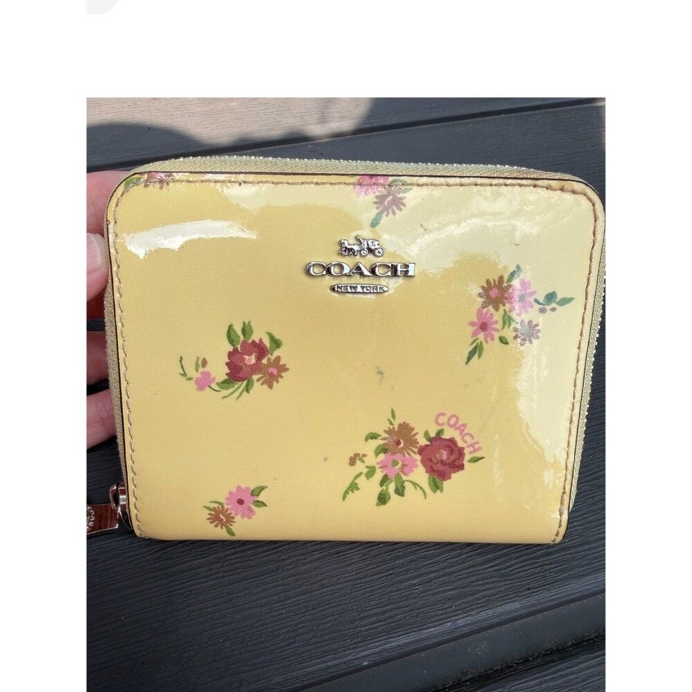 Coach Yellow Floral Patent Leather Zip Wallet